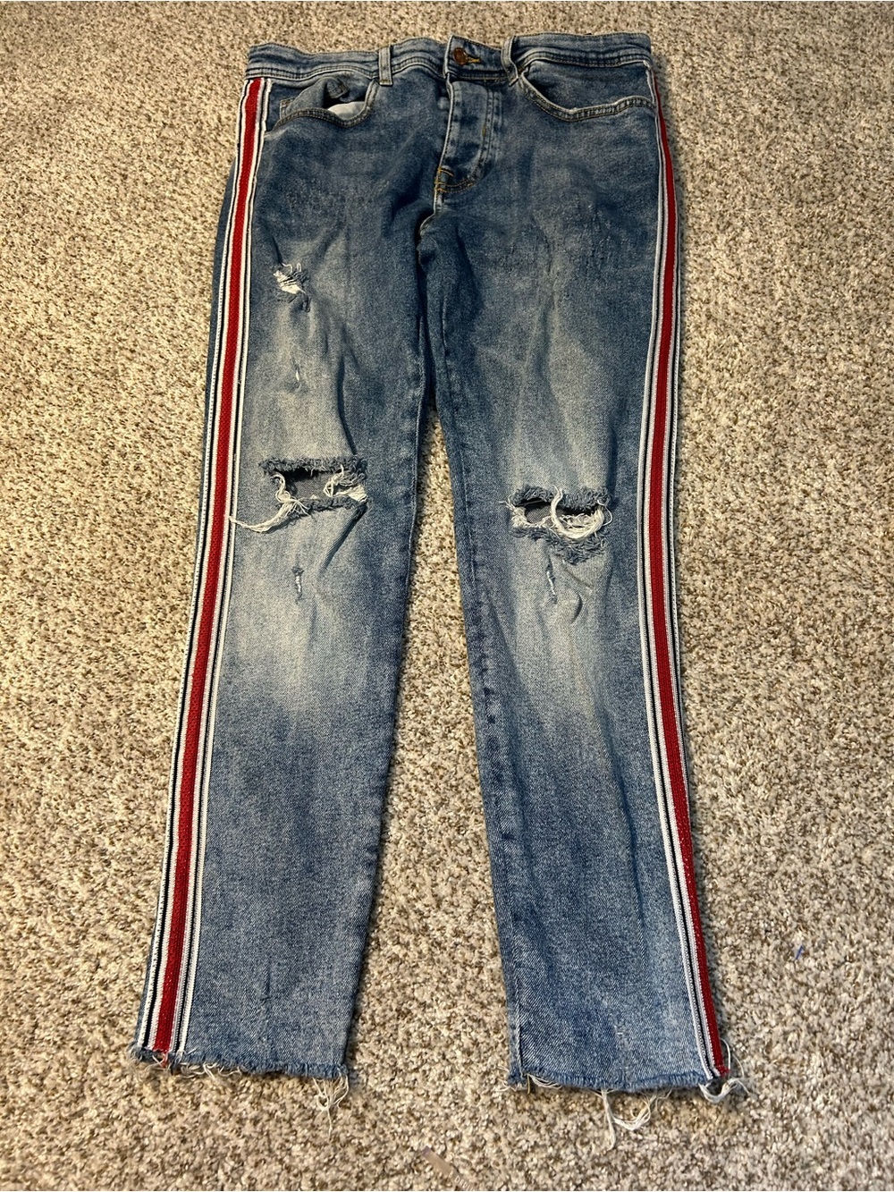 Zara Blue Skinny Jeans with Red White Black Side Stripes